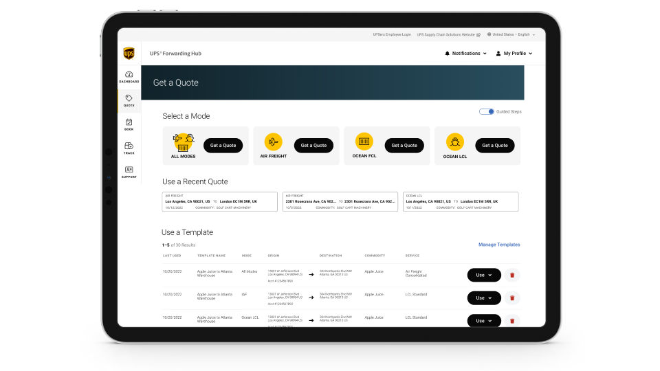 UPS® Forwarding Hub on a tablet