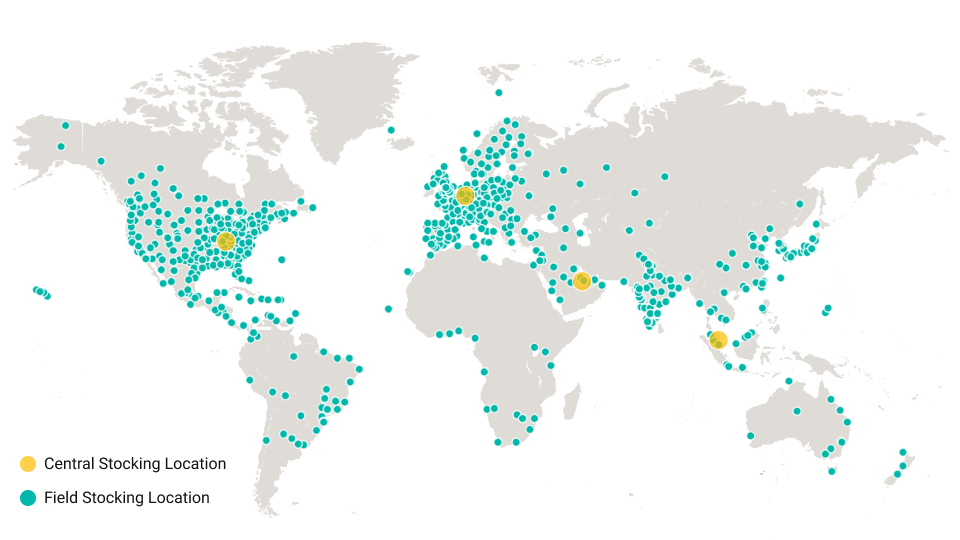 Service Parts Logistics map of central and field stocking locations around the globe