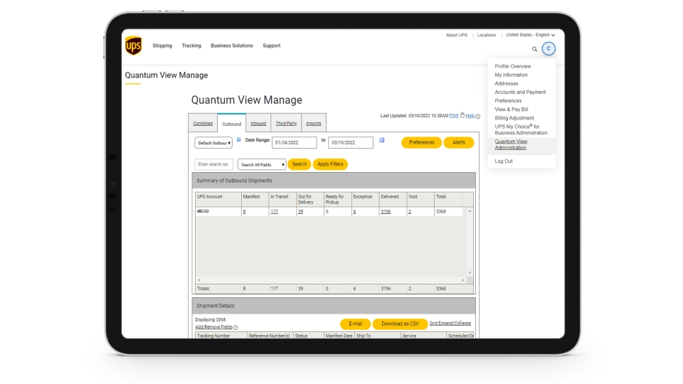 Tablet displaying the Quantum View Manage Tracking portal